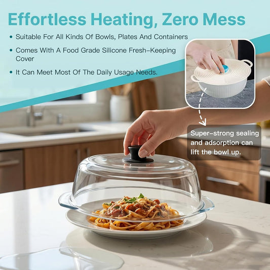 Microwave Splatter Cover, Glass Microwave Cover For Food With Easy-Grip Silicone Handle, Food Grade,Bpa Free, With Vent Hole, Dishwasher Safe, An Additional Reusable Heat-Resistant Cover Is Provided.