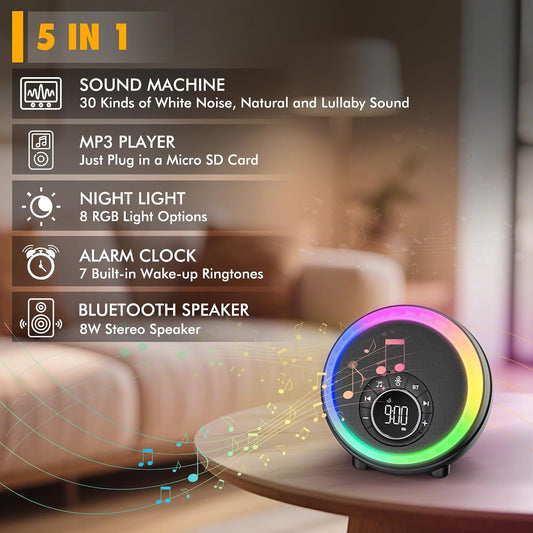 Nightlight Bluetooth Speaker Alarm Clock, Portable White Noise Machine