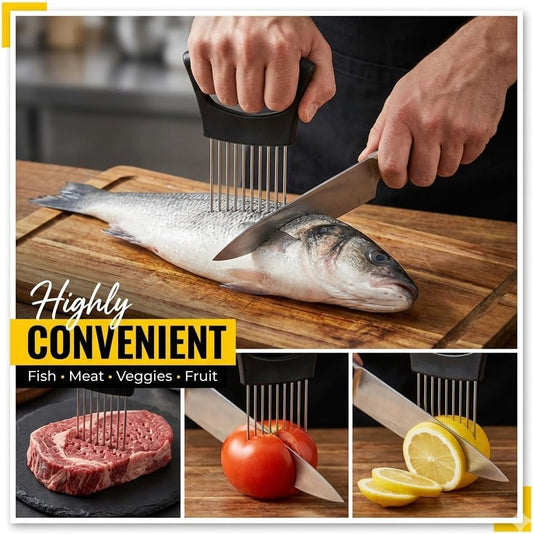 Onion Holder for Slicing 2026, Stainless Steel Onion Slicer & Cutter with Finger Guard, Ergonomic Anti-Slip Handle, Multi-Use Kitchen Tool for Tomato, Potato, Avocado, Egg, Lemon & Meat