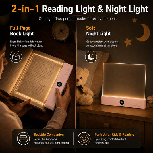 Book Light for Reading in Bed, Rechargeable LED Flat Book Light with Clear Full Page Panel, 3 Color Temperatures, Stepless Dimming, 1–99 Min Timer, 1200mAh USB-C Bookmark Light for Book Lovers(Pink)