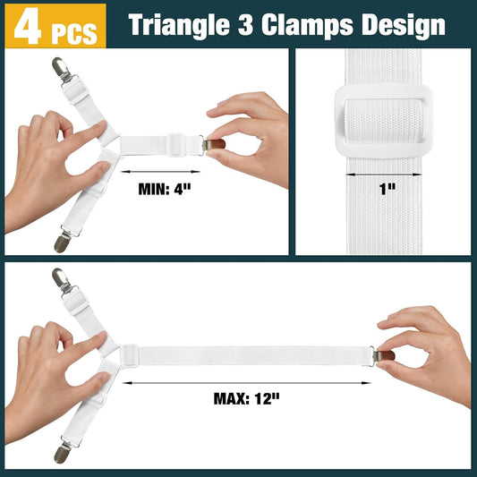 Adjustable Elastic Straps with Metal Clips, Bed Sheet Fasteners, Bedding Suspenders for Mattress Covers, Bed Corner Holders and Keepers (White)