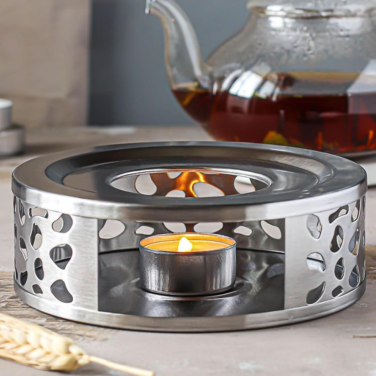 4 PCS Teapot Warmer, Stainless Steel Teapot Warmer, Metal Teapot Heater with Tealight Candle Holder, Brushed Coffee Tea Warmer Base for Glass or Ceramic Teapot, Silver