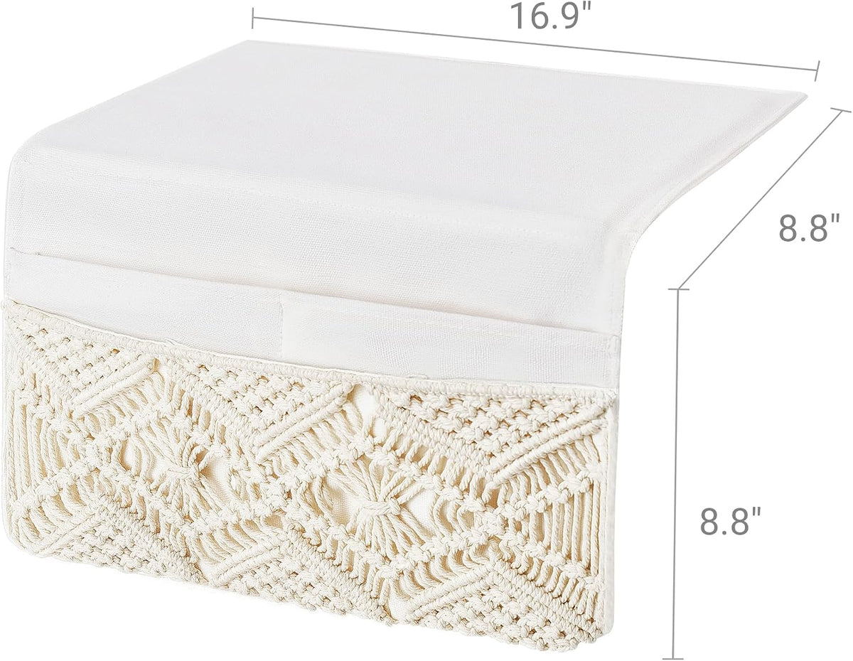 Mkono Macrame Bedside Caddy, Boho Bed Storage Organizer, 4 Pockets Ivory