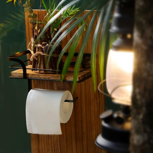 Rustic Farmhouse Toilet Paper Holder with Shelf - Farmhouse Bathroom Rustic Country Decor - Rustic Bathroom Accessories with Warm Brown Wood Shelf for Wipes&Cell Phone&Reading, Black Metal