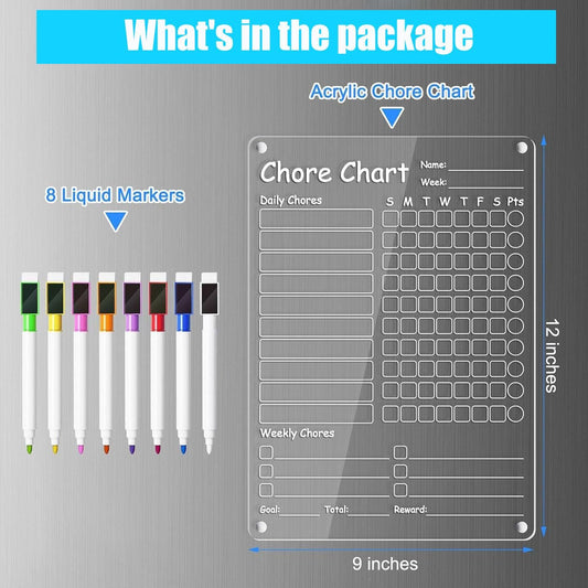Acrylic Magnetic Chore Chart for Kids,Chores Chart for Fridge Refrigerator,Behavior Reward Responsibility Chart for Multiple Kids,Weekly to Do List Fridge Board for Teens Family,9"x12" (1 Pack)
