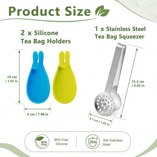 1 Pcs 6 inch Tea Bag Squeezer,With 2pcs Bunny Silicone Tea Tongs | Silicone Tea Bag Holder,Durable Stainless Steel Tea Bag Strainer Clips Herb Or Sugar Ice Cube For Kitchen Bar Tools