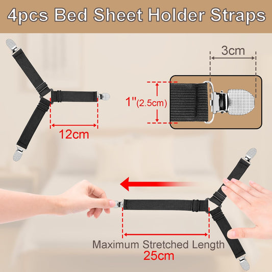 4 Pack Mattress Elastic Straps, Elastic Bed Sheet Holders for Corners Fitted Straps Clip Adjustable Bedsheet Grippers Mattress Sheet Corner Holders, Fitted Bedsheet Clip for Bedding Sofa Cover