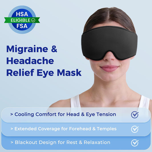 Cooling Gel Eye Mask for Puffy Eyes, Cold Compress for Migraine Relief | FSA-HSA Eligible, Ice Pack, Headache Relief, Temples & Forehead Coverage, Flexible Fit, Reusable, Post-Surgery Recovery,Black