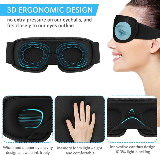Sleep Mask, Super Soft 3D Contoured Cup Sleeping Mask, Upgraded 100% Blockout Light Sleep Masks for Women Men with Adjustable Strap, Comfortable Concave Molded Eye Covers for Sleeping, Black