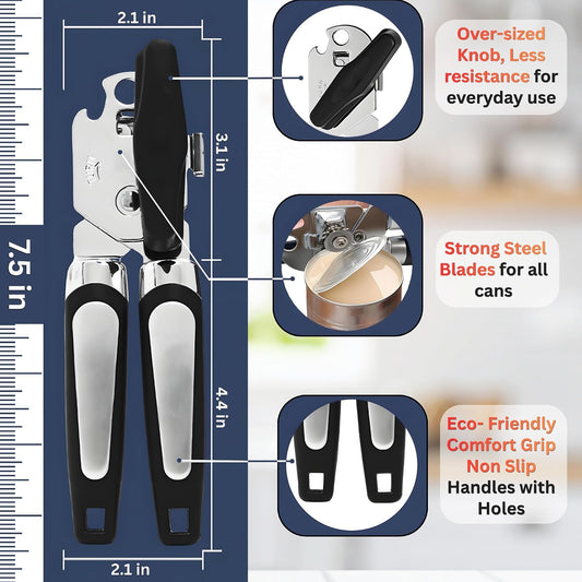 Can Opener Heavy Duty Easy-Use Design, Smooth Edge Safe Cut, Easy Grip Stainless Steel Can Openers for Seniors, Kitchen Tool, Manual Rotary Can Opener