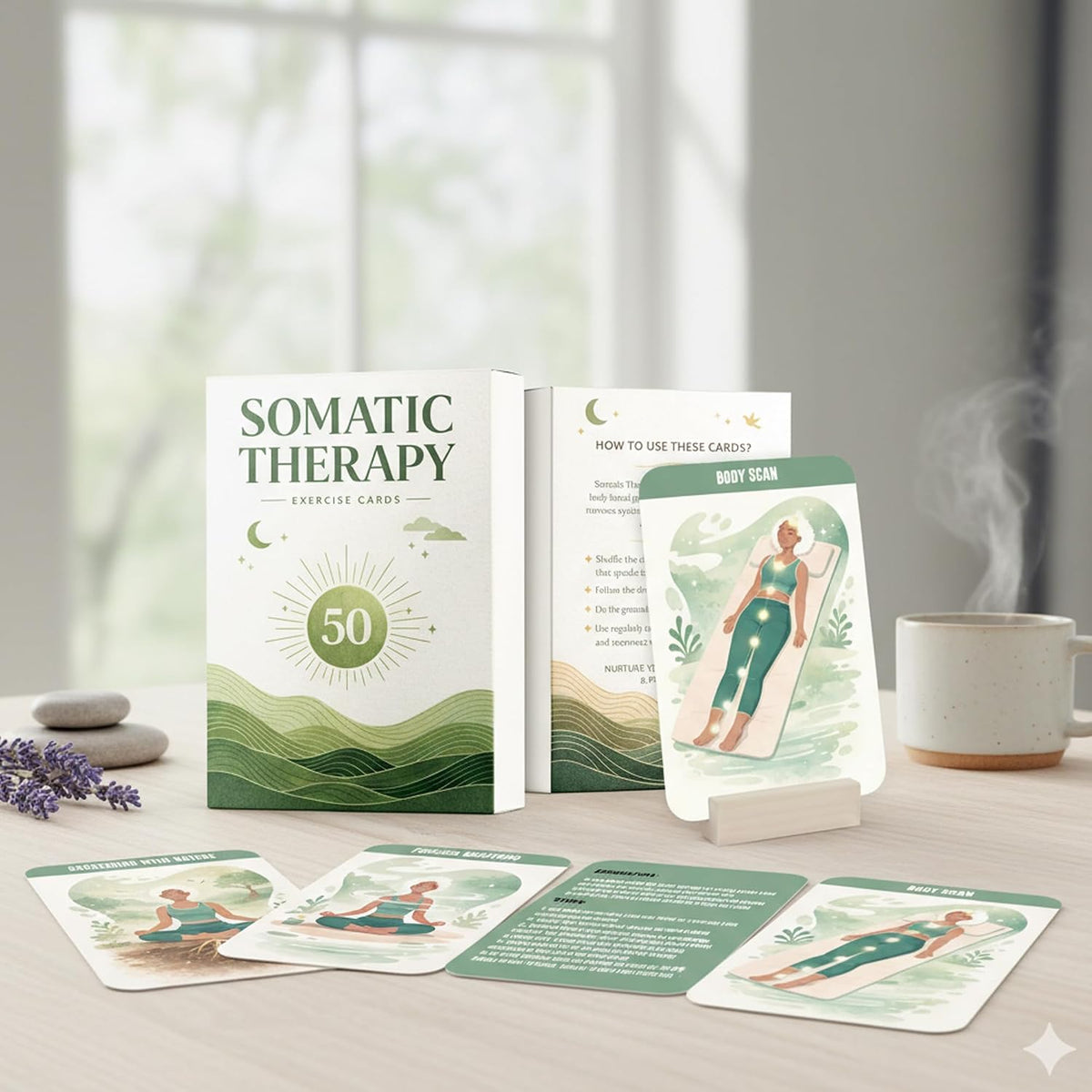 Somatic Therapy Exercise Cards, 50 Nervous System Regulation Tools for Anxiety Relief & Stress Soothing, Therapy Practice Cards with Display Stand, Mindfulness, Breathwork, Grounding, Movement
