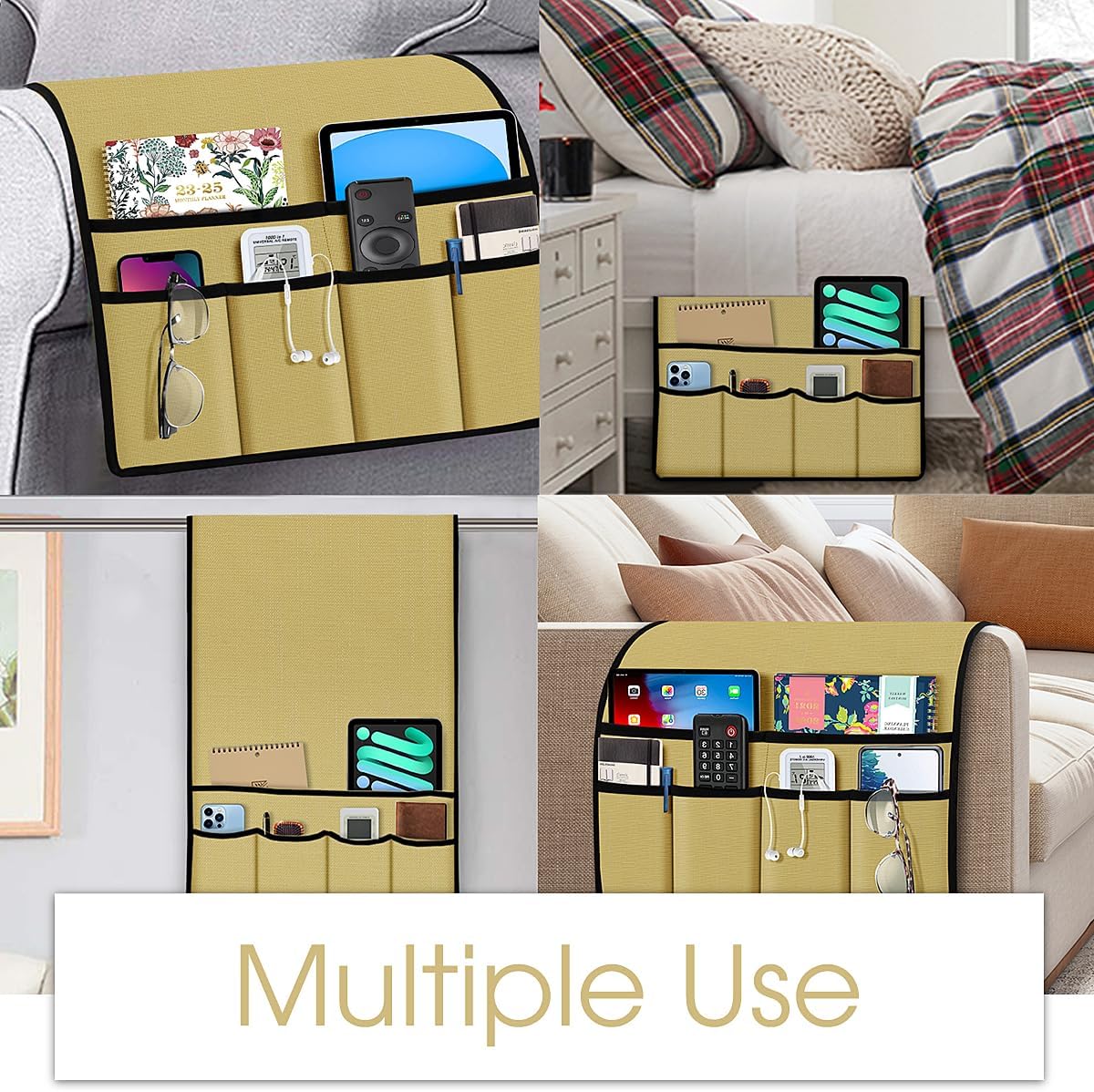 Joywell Remote Holder for Recliner Armchair Caddy Couch Armrest Remote Control Holder Non Slip Sofa Arm Chair Caddie with 6 Pocket for Magazine, Tablet, Phone, iPad, Think Linen, Natural