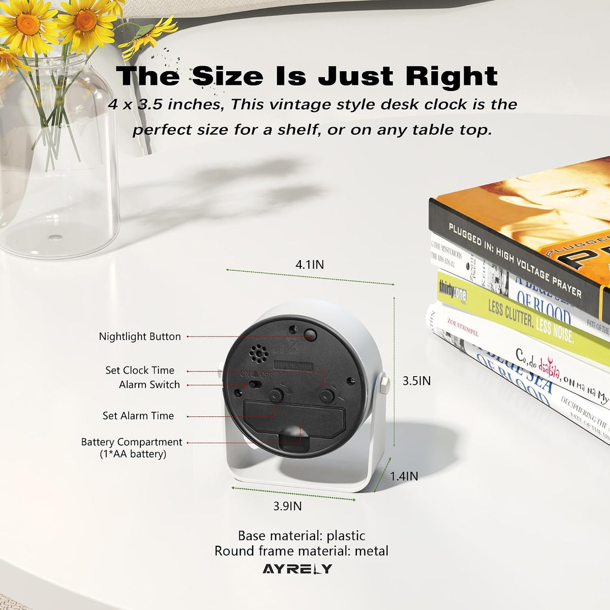 AYRELY® 3.5" Small Analog Travel Alarm Clock, Battery Operated Desk Clock