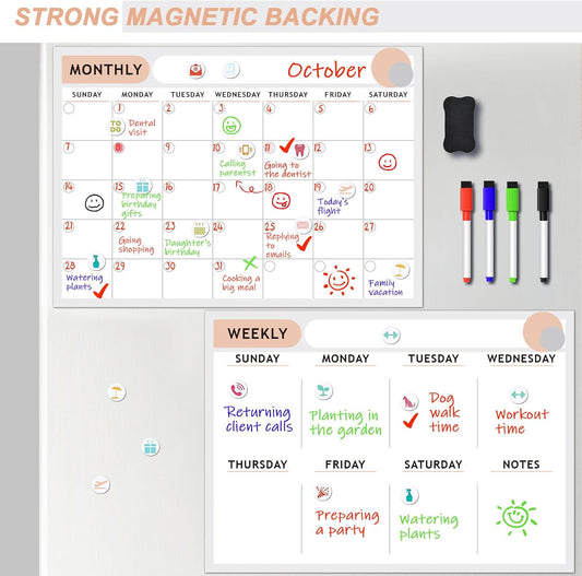 ARVOK Fridge Calendar, Magnetic Weekly & Monthly Calendar for Refrigerator- 2 Packs A3 16.5"x11.6" Reusable Planner Dry Erase Calendar Whiteboard with 4 Markers, 16 Magnets & Eraser for Family Schedule, Meal Menu, To-Do List