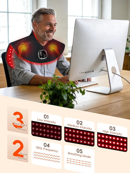 Cordless Red Light Therapy for Neck & Shoulders Pain Relief, 850nm Infra Device for Upper Back Muscle Relax with Timer, Rechargeable 660nm Wearable Heating Pad, for Women Men