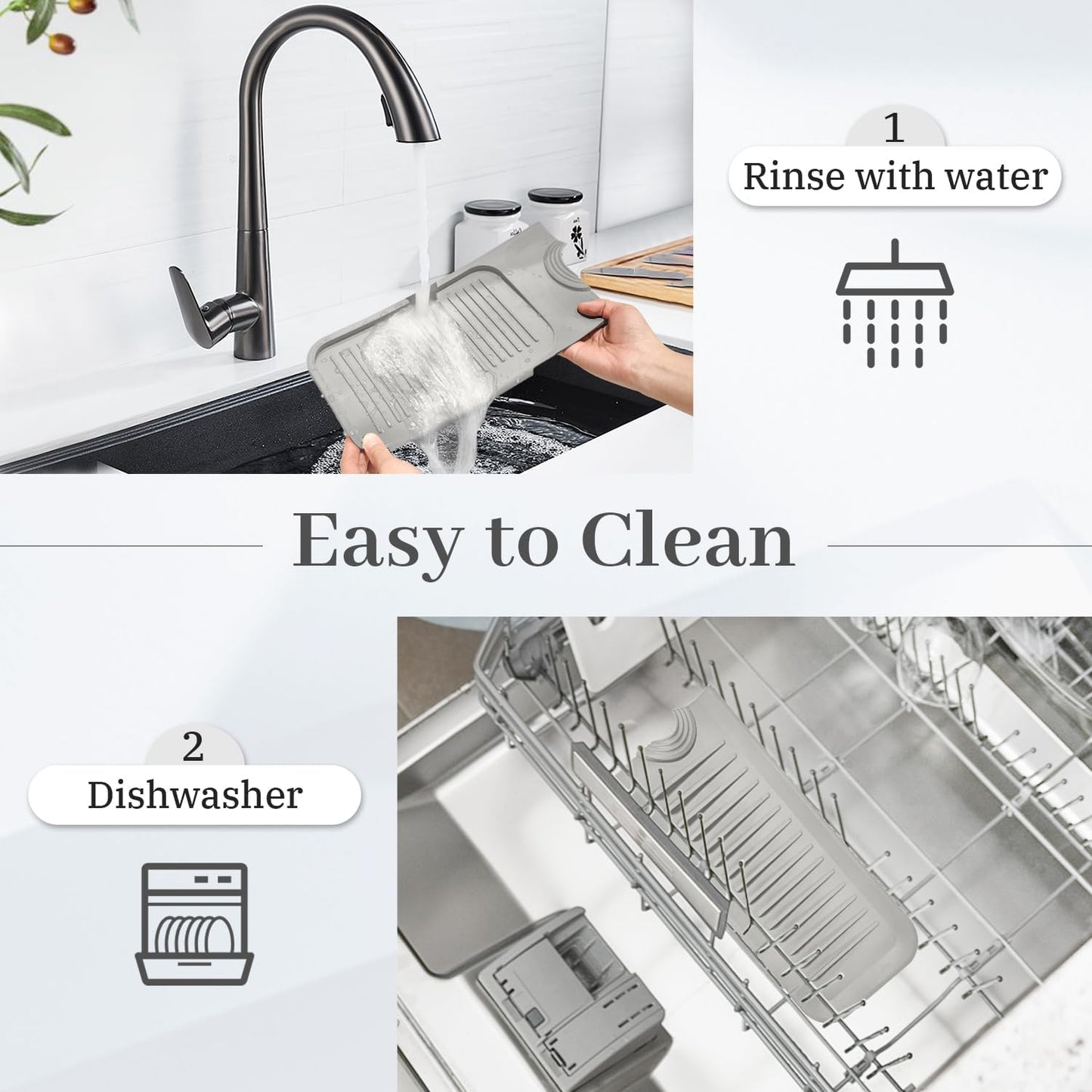 PoYang 23.6 Inch Silicone Sink Splash Guard, Kitchen Sink Mat, Light Grey | Faucet Mat with Wide Drainage & Cuttable Hole, Keeps Faucet Base Dry, Long & Short Sink Protectors for Kitchen, Bathroom & RV