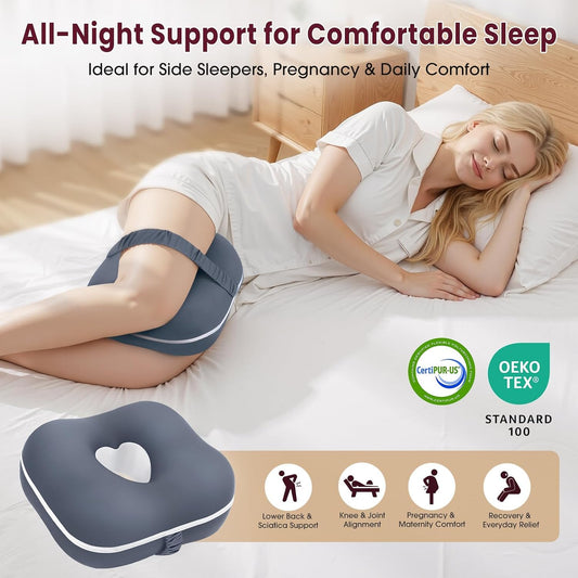 Small Knee Pillow for Side Sleepers, Memory Foam Leg Pillow,Gray | Side Sleeper Knee Pillow with Strap, Contoured for Knee, Leg, Hip & Back Pain Relief, Compact for Travel, Pregnancy & Office