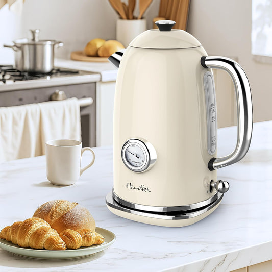 Harriet Electric Kettle, 1.8L Retro Electric Tea Kettle with Thermometer, 1500W Stainless Steel Hot Water Kettle Electric with LED Indicator, Fast Boiling, Cordless, Auto Shut-Off, Yellow