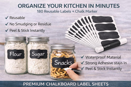 Chalkboard Labels for Jars – 180 Pack, Reusable Waterproof Erasable Stickers with Liquid Chalk Marker, 2” x 3” Wavy Rectangle Labels for Pantry, Mason Jars & Kitchen Organization