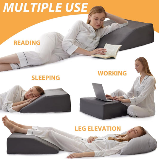 Leg Pillow Elevation Blood Circulation, Wedge Pillow for Legs Swelling, Leg Elevating Wedge Pillow for After Surgery, Foot Knee Pillow for Leg Rest, Sleeping, Memory Foam Top, 8in, White/Grey