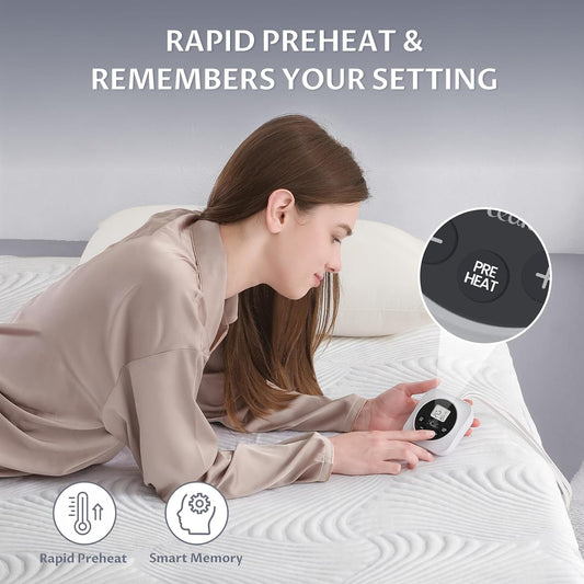 Foot Queen Size Electric Heated Mattress Pad - Foot Warmer for Bed with Memory & Preheat Functions, 12 Heat Settings Single Control for 1-12 Hours Auto Off, Lighted Button