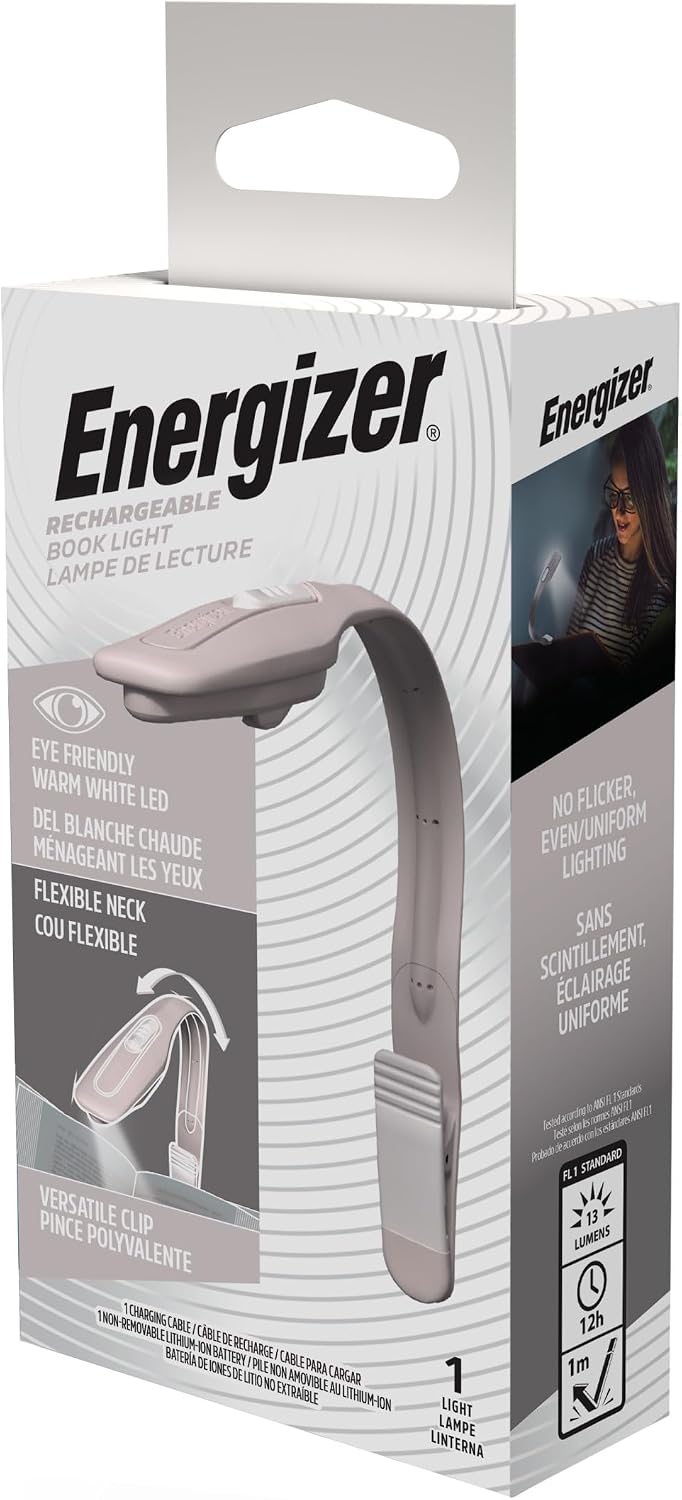 Energizer Flex-R LED Rechargeable Book Light for Reading in Bed, Reading Light with Warm LED Color, Long-Lasting and Lightweight, Pink
