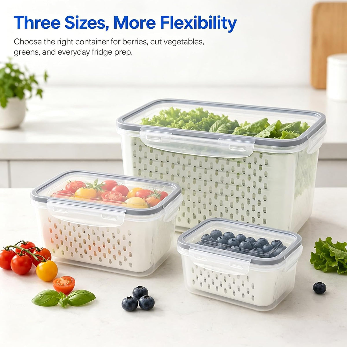 Fruit Containers 3Pcs with Removable Colanders & Lids, Fridge Fresh Storage