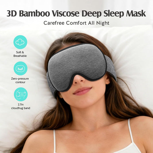 YFONG Sleep Mask for Side Sleeper Women Men, Soft Breathable Bamboo Viscose | Eye Mask for Sleeping, 100% Blackout 3D Eye Cover, Wider Adjustable Hook & Loop Straps for Ultra Comfort, Light Gray