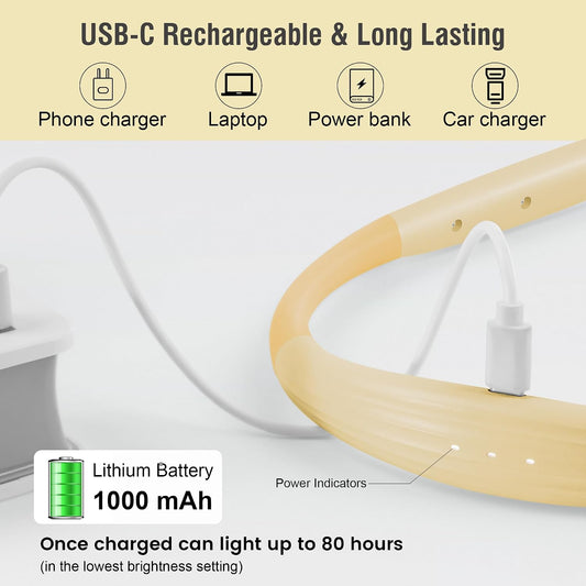 LED Neck Book Light Reading Lamp USB Rechargeable, Lighter Weight,Hands Free, Each 3 Colors with 3 Brightness, 80-hr Lasting Rechargeable Lamp,Perfect for Reading in Bed (Grey).