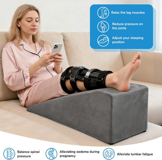 Leg Elevation Pillow, Trapezoidal Foot Elevation Pillow for Elevation for Swelling, Blood Circulation Support with Handle and Removable Cover (Grey)
