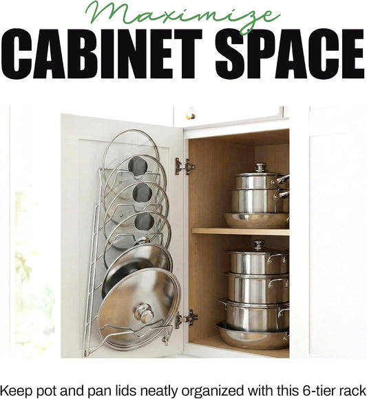 Evelots 6 Pot Lid Organizer for Cabinet Door or Pantry Wall - Closet Door Pots and Pans Lids Holder - Glass or Metal Pan Covers Cabinet Organizer Kitchen Storage - White 6 Tier Lid Rack