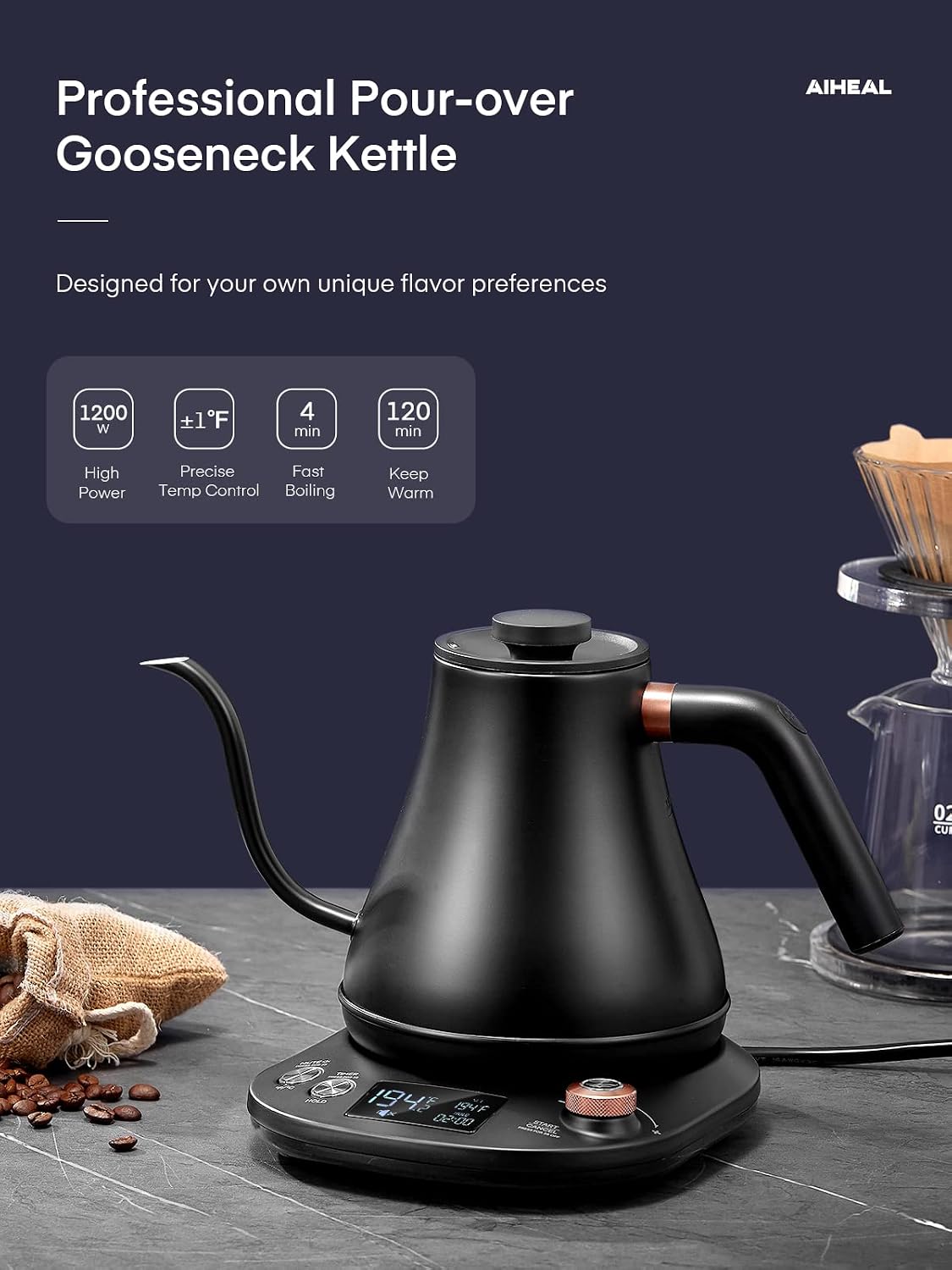 Electric Gooseneck Kettle Temperature Control, Pour Over Electric Kettle for Coffee and Tea, 100% Stainless Steel Inner, 1200W Rapid Heating, 0.8L, Built-in Stopwatch, Matte Black