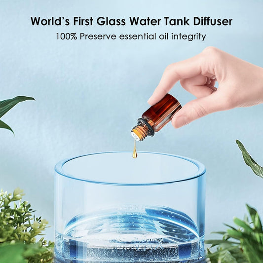 Lecdura Glass Essential Oil Diffuser, 80ML Small Glass Reservoir Natural Wood Base Ultrasonic Cool Mist Aroma Diffusers with USB-Cord Auto-Off 7 Color Light for Home Office Bedroom