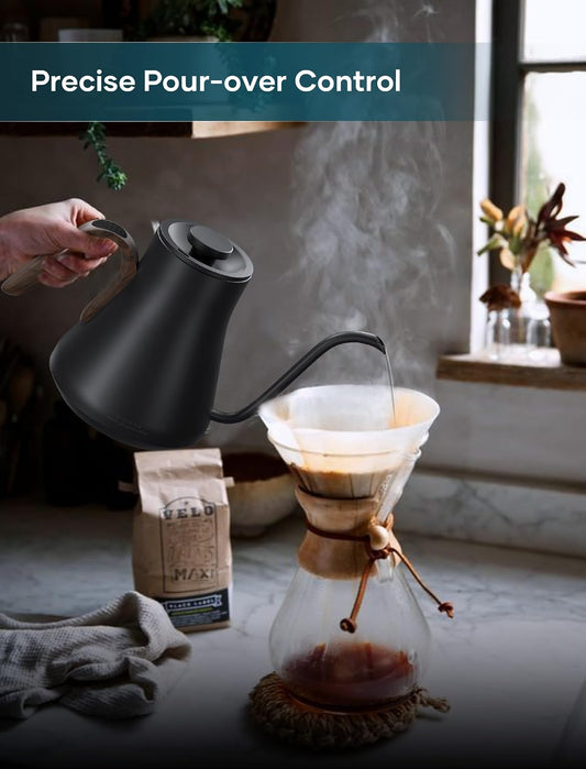 INTASTING Gooseneck Electric Kettle with ±1℉ Temperature Control 0.9 Liter | 1500W Quick Heating, Stainless Steel Inner, Pour Over Coffee & Tea, Keep Warm, Auto Shut-Off, Built-in Brew Timer, Black
