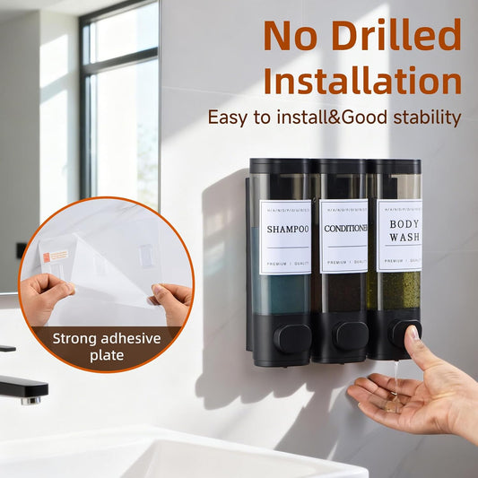 Shampoo and Conditioner Dispenser,Shower Soap Dispenser 3 Chamber No Drill Wall-Mounted Shampoo Dispenser for Shower Wall Mounted Shower Dispenser for Bathroom Hotel Large Capacity, Clear Bright