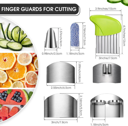 Raiten 9 Pcs Finger Guard Set for Cutting Include 4 Stainless Steel Knife Cutting Protector 2 Thumb Guard Protector 2 Finger Cots Potato Butter Lettuce Crinkle Cutter for Cutting Food to Avoid Hurting