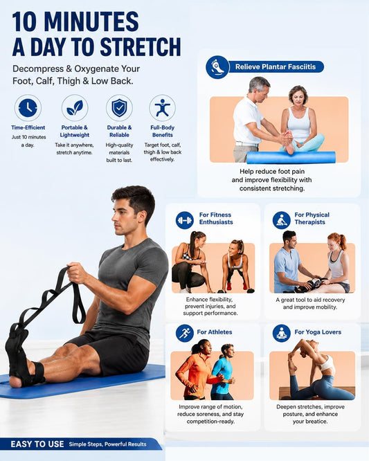 Plantar Fasciitis Stretch Strap with Foot Loop, Calf Stretcher for Achilles Tendon & Foot Pain Relief, Physical Therapy Stretching Band for Flexibility, Recovery and Rehabilitation