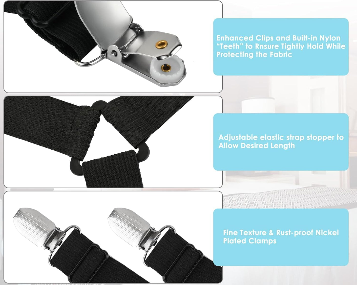 DS. DISTINCTIVE STYLE Sheet Straps 2 Pieces Mattress Sheet Holder Straps for Queen/King Size Bed Suspenders Twin XL Adjustable Elastic Bands and Corner Clips