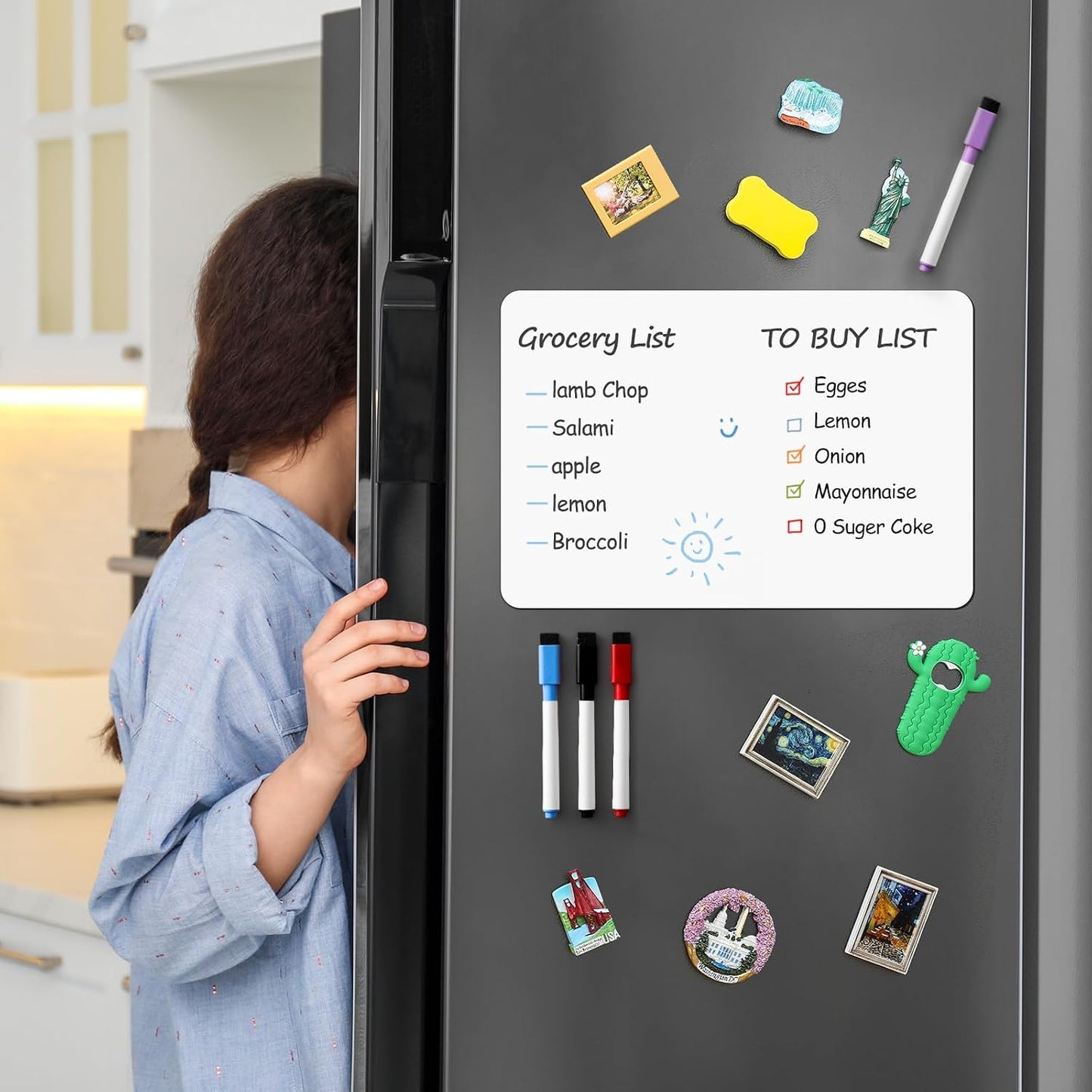 4 PACK Magnetic Dry Erase Board Sheet for Fridge, 12"x8" Erasable Refrigerator WhiteBoard w/ 6 Markers & 1 Eraser- Smooth and Flexible Small Magnet Blank Notepad for Home Kitchen Organizer and Planner