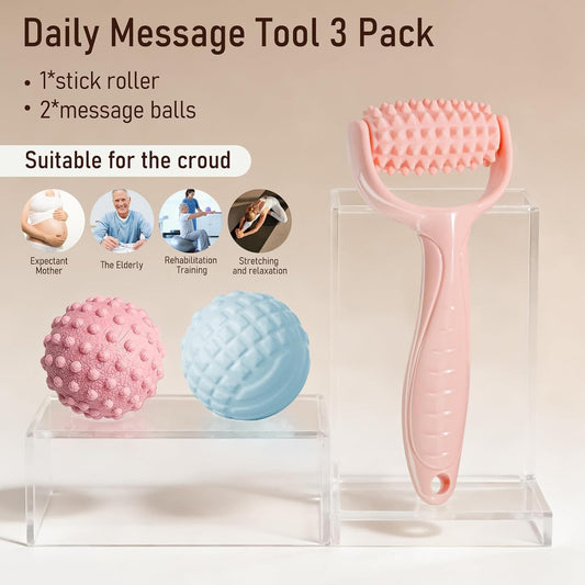 Massage Muscle Roller Stick & Ball Set 3 Pack- Deep Tissue Foot Body Massager with Trigger Point Therapy for Sore Myofascial Release Muscle Stress Relax Hand Arm Neck Feet Headache Blood Stimulation