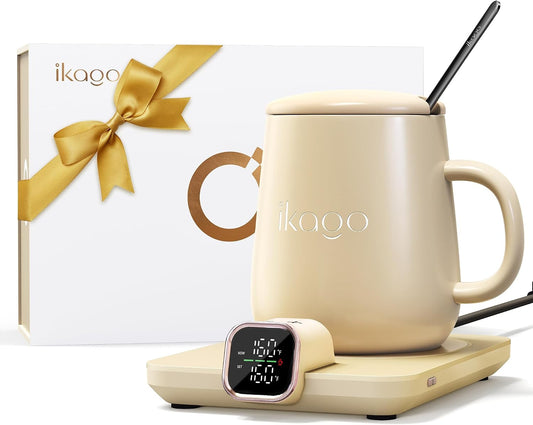 Coffee Cup Warmer & IKAGO Mug Set, 1℉ Precise Temp Control Mug Warmer | Auto Shut Off, Infrared Sensor, Dual Temp Display, ℉/℃ Optional, 15oz Mug with Spoon & Lid Included, Gifts for Men Women