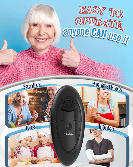 Electric Can Opener, A Touch Automatic Hands Free Can Opener with Smooth Edge, Battery Operated, Safe & Easy for Seniors with Arthritis, Kitchen, Left-Handed & Weak Hands (Black)