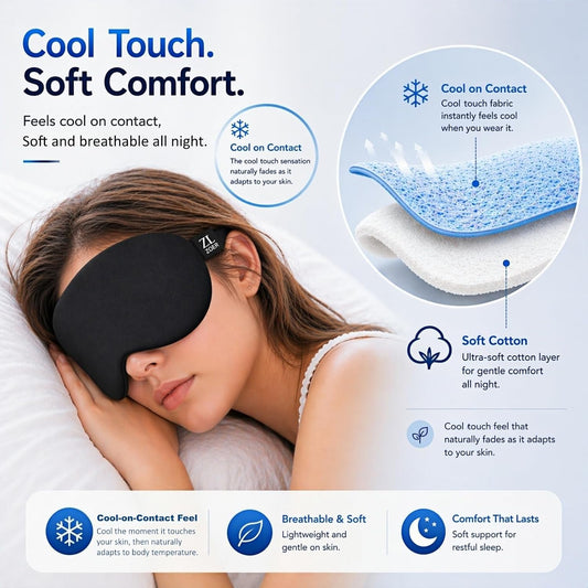 Cool Touch Cotton Eye Sleep Mask for Men & Women, Soft Breathable Flexible Fit for Side Sleepers, Adjustable Light Blocking Mask for Sleeping, Airplane Travel & Naps (Black)