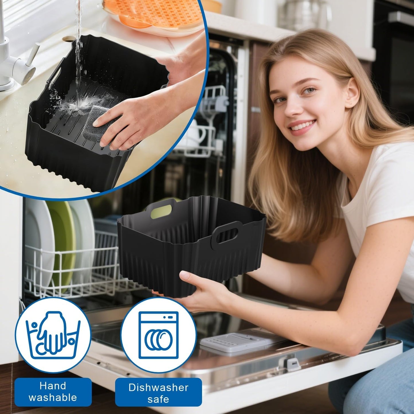 Silicone Air Fryer Liners for Ninja Foodi Dual DZ550 & DZ401 & DZ302 10Qt | Reusable Airfryer Silicone Pot Rectangle, Upgraded High Wall Baking Basket Insert, Dishwasher Safe, BPA-Free