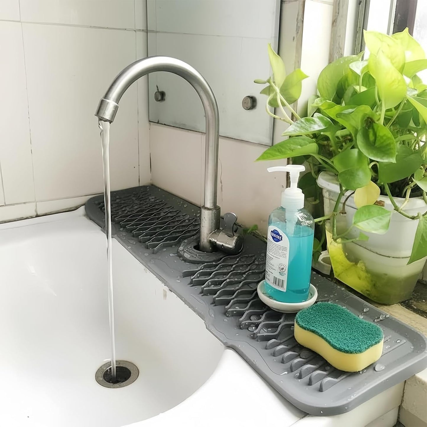 Silicone Faucet Handle Drip Catcher Beveled Drying Tray Mat Dish Soap Sponge Holder Accessories Gadgets for Kitchen Counter Bathroom Kitchen Sink Splash Guard (16.9")