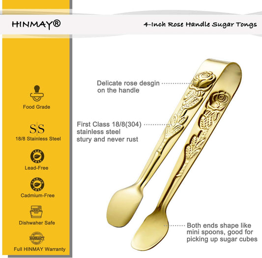 HINMAY 6PCS Mini Serving Tongs 5" Small Rose Appetizer Tongs (Gold) | Tiny Metal Tong for Tea Party, Coffee Bar, Desserts
