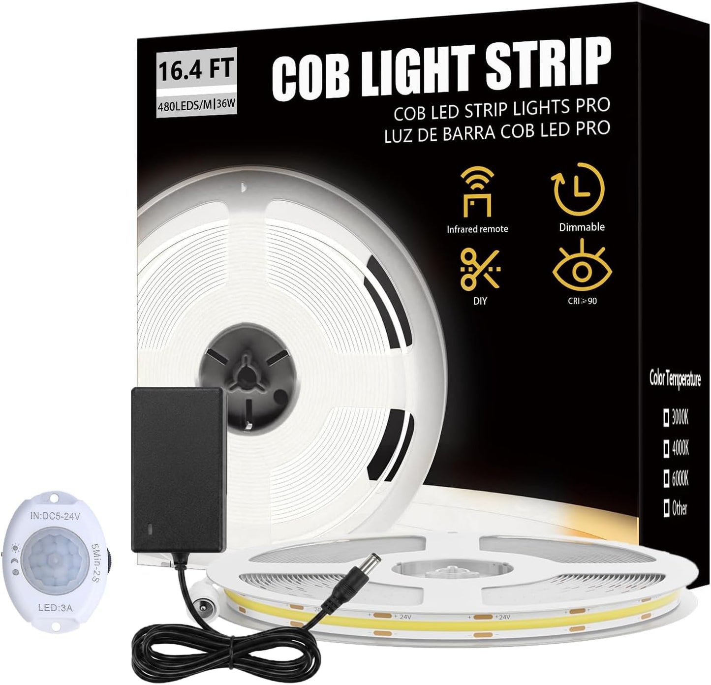 Under Bed Lights Motion Sensor COB LED Strip, 6.56Ft 3000K Warm Motion Activated LED Light Strip for Bedside, 24V Dimmable Motion Sensor Night Light COB Strip for Under Cabinet Stair Closet