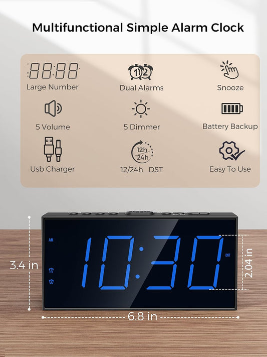 Digital Alarm Clocks for Bedrooms, Dual Alarms, 7.5-Inch Large Display | Big LED Numbers, Bedside Clock with Volume Control for Heavy Sleeper, 5-Level Dimmer, Easy Setup, USB Charger, Plug-In Clock