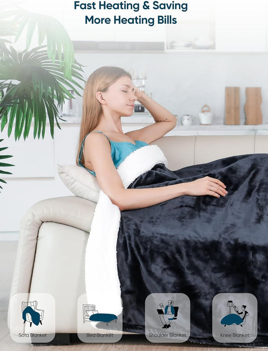 Mlivrom Heated Throw Blanket with 1-9 hrs Timer Auto-Off & 8 Heating Levels,Flannel Electric Blanket Throw ETL Certification,Machine Washable Full Body Warming Blankets
