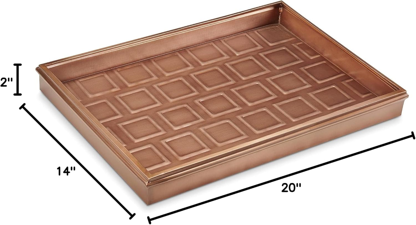 Good Directions 20″ x 14″ Decorative Squares Design Metal Boot Tray – Galvanized Steel with Copper Finish, Multi-Purpose Shoe, Plant & Pet Bowl Tray